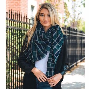 Navy & Green Plaid Frayed Edge Scarf